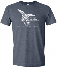 Never Go Without Your Wingman - St. Michael the Archangel T-Shirt. Color: Navy. Size: M